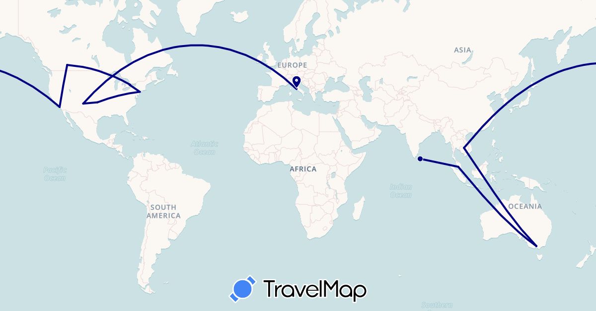 TravelMap itinerary: driving in Australia, Canada, India, Cambodia, Sri Lanka, Malaysia, United States (Asia, North America, Oceania)